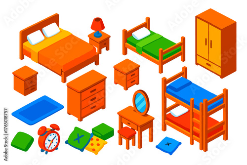 Bold Bedroom Icons. Isometric vector illustration set bedroom elements collection: double bed with pillows, single bed, bunk bed,