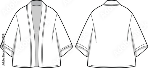 Kimono cardigan flat sketch, fashion garment technical drawing, short sleeve outerwear design, apparel template illustration, minimalist clothing vector art