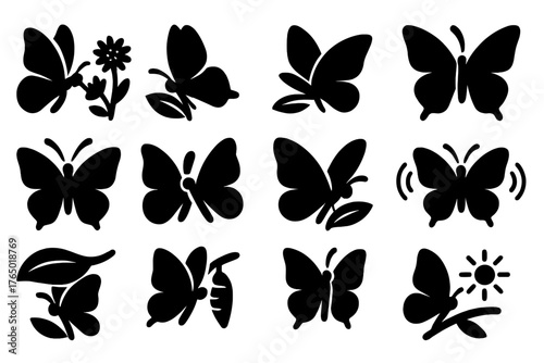 Butterfly Behavior Icons. Solid style icons of Butterfly behavior: feeding nectar, pollinating, resting on leaf, flying, basking,