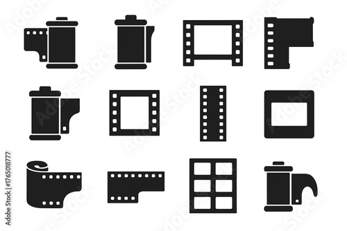 Camera Film Icons. Solid style icons of Camera Film: film roll, film canister, 35mm strip, medium format roll, negative frame,