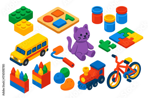 Creative Kids Playset. Isometric vector illustration set Creative Kids and Play: lego-style bricks, wooden puzzle, paint jars, toy