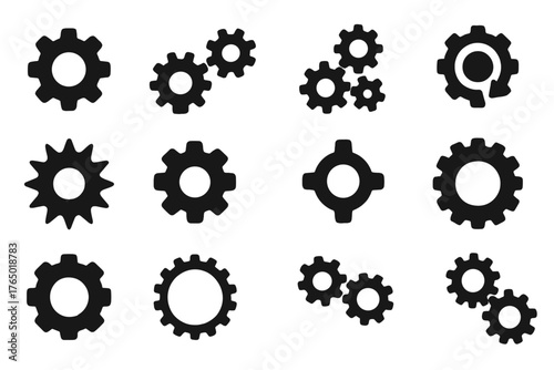Gears Icon Set. Solid style icons of Gears: single gear, double gears, triple gears, rotating cog, spiked gear, smooth gear, mini