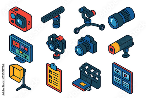 Media Creation Tools. Isometric vector illustration set Media Creation and Publishing: action camera, shotgun microphone, tripod
