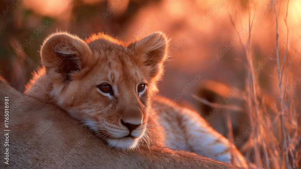 Obraz premium Adorable Lion Cub Resting in Golden Sunset Light