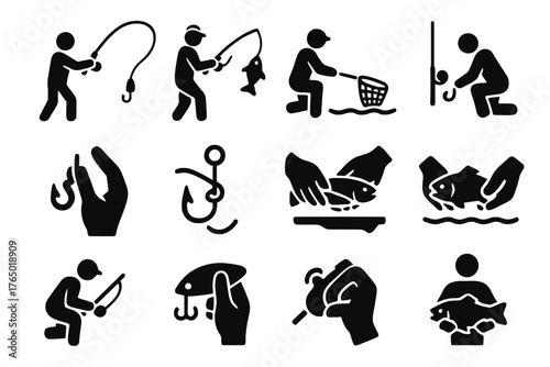 Fishing Icon Set. Solid style icons of Fishing actions: casting line, reeling in, hooking fish, netting catch, baiting hook, tying