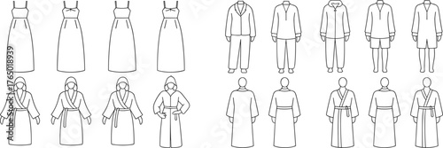 Fashion flat sketch of dresses, robes, and sleepwear, clothing CAD template for apparel designers, vector technical illustration