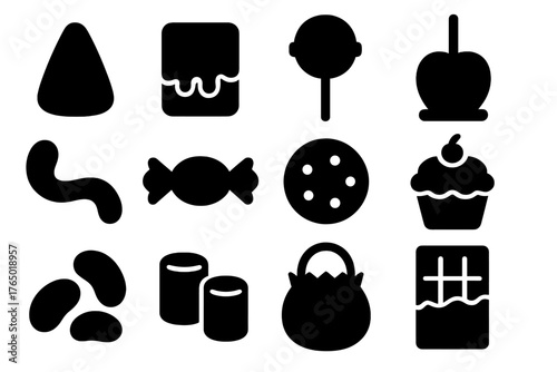 Halloween Treat Icons. Solid style icons of Halloween treats: candy corn, chocolate, lollipop, caramel apple, gummy worm, wrapped