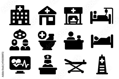 Solid Hospital Icon Set. Solid style icons of Hospitals: hospital building, clinic icon, emergency entrance, patient ward,