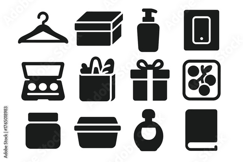 Icons of Retail Products. Solid style icons of Retail products: clothing hanger, shoe box, bottle of lotion, electronics box,