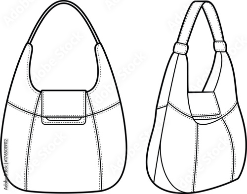 CAD drawing flat vector illustration of hobo bag, fashion handbag design, technical sewing template, leather purse fashion accessory sketch