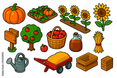 Harvest Icon Set. Isometric vector illustration set pumpkin, sunflower, apples, and more: giant pumpkin, pumpkin patch, sunflower