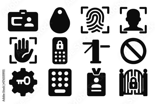 Access Control Icons. Solid style icons of access control: access card, key fob, fingerprint scan, face recognition, hand scanner,