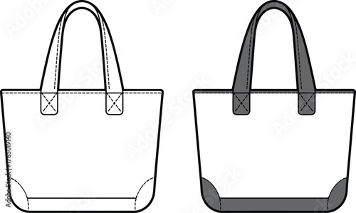 CAD drawing flat vector illustration of tote bag, minimal handbag design, fashion accessory technical sketch, leather bag template design