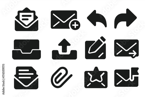Email Icons Set. Solid style icons of email communication: open envelope, new message, reply arrow, forward symbol, inbox tray,