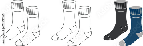 CAD drawing flat vector illustration of socks, minimal outline footwear design, fashion technical sketch, colored sock template for apparel