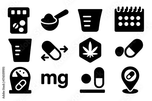 Medical Dosage Icons. Solid style icons of Dosage and control: pill counter, measuring spoon, medicine cup, pill calendar, dosage