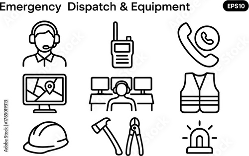 Emergency dispatch and safety equipment outline icon set