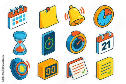 Time Management Icons. Isometric vector illustration set Time and Reminder: wall calendar, sticky post-it, ringing bell icon,