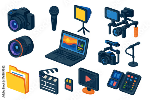 Media Tools Icons. Isometric vector illustration set Media Creation and Publishing: point-and-shoot camera, dynamic mic, softbox