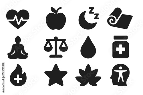 Health and Wellness Icons. Solid style icons of Health and wellness: heart with pulse, healthy apple, sleep icon, yoga mat, lotus
