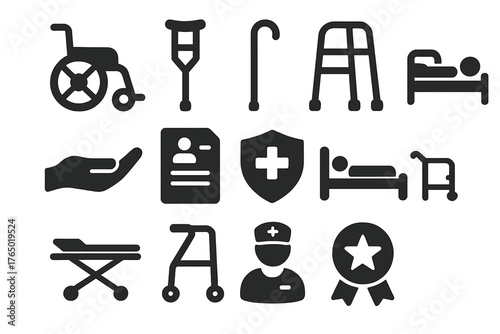 Healthcare Support Icons. Solid style icons of Patient support: wheelchair, crutch, walking stick, rehab walker, caregiver hand,