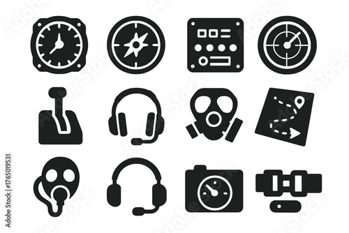 Aircraft Instruments Icons. Solid style icons of Flight instruments and equipment: altimeter, compass, airspeed indicator,