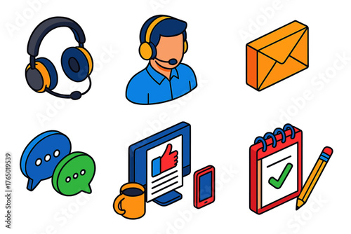 Customer Support Tools. Isometric vector illustration set headset, support agent, email, messaging, feedback, inquiry: wired