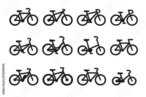 Solid Bicycle Icons. Solid style icons of bicycles and bikes: classic bicycle, mountain bike, road bike, racing bike, BMX bike,