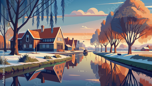 Very beautiful Dutch winter landscape with willow trees and reed beds reflecting in a calm canal under golden daylight and misty sky.