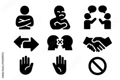 Conflict Symbols Collection. Solid style icons of Disagreement: crossed arms, shaking head, two people arguing, conflict gesture,