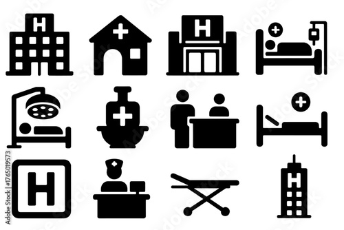 Solid Hospital Icon Set. Solid style icons of Hospitals: hospital building, clinic icon, emergency entrance, patient ward,