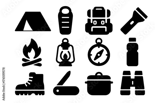 Camping Essentials Icons. Solid style icons of Camping supplies: tent, sleeping bag, backpack, flashlight, campfire, lantern,