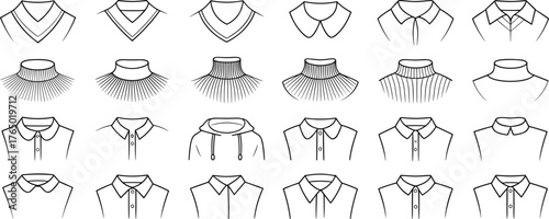 Cad drawing flat vector illustration of various shirt collars and necklines, fashion design template, apparel technical sketch