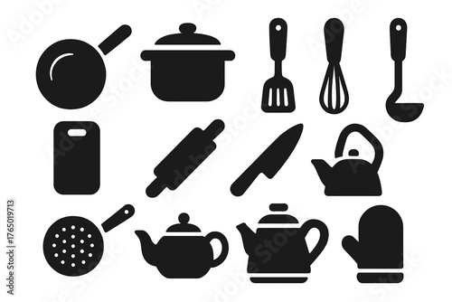 Kitchen Utensil Icons. Solid style icons of kitchen utensils: frying pan, cooking pot, spatula, whisk, cutting board, rolling pin,
