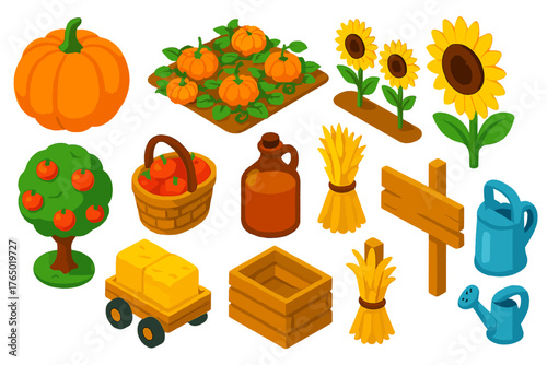 Harvest Icon Set. Isometric vector illustration set pumpkin, sunflower, apples, and more: giant pumpkin, pumpkin patch, sunflower