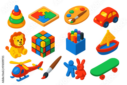 Creative Playtime Icons. Isometric vector illustration set Creative Kids and Play: stacking rings, puzzle board, paint palette,