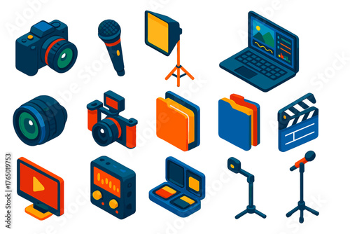 Media Tools Icons. Isometric vector illustration set Media Creation and Publishing: point-and-shoot camera, dynamic mic, softbox