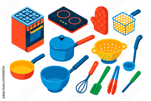 Colorful Kitchen Icons. Isometric vector illustration set cooking themes: gas stove, induction cooktop, saucepan with lid, sauté