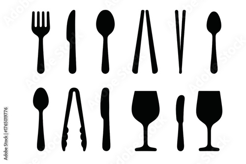 Dining Utensils Icons. Solid style icons of Dining utensils: fork, knife, spoon, chopsticks, serving spoon, tongs, ladle, dessert