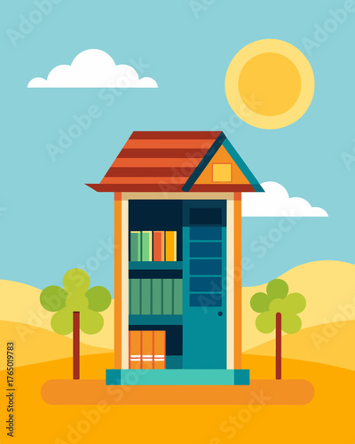 A quaint little library on the beach with solar panels shielding it from the intense heat while also providing power for visitors to recharge their devices.. Vector illustration
