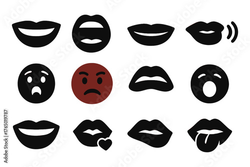Diverse Mouth Expressions. Solid style icons of Mouths: smiling mouth, open mouth, closed mouth, whispering mouth, surprised mouth