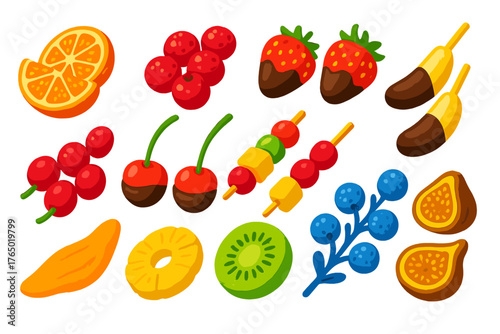 Colorful Sweet Treats. Isometric vector illustration set sweet treats collection: candied orange slices, sugared cranberries,