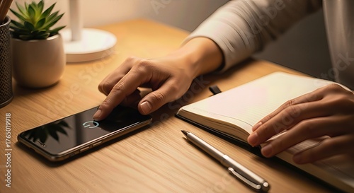 Hand interacting with smartphone on a desk with notebook and pen, symbolizing technology, focus, and communication in a cozy home or office setting.