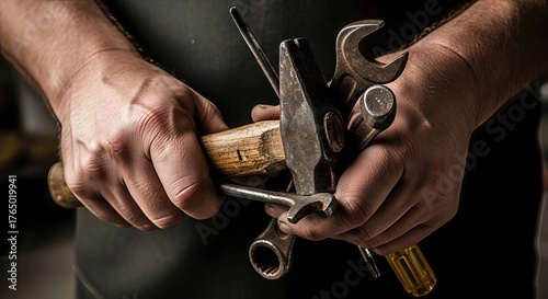 Worker’s hands holding metal tools such as hammer and wrench, symbolizing craftsmanship, hard work, and manual labor in a rustic workshop.