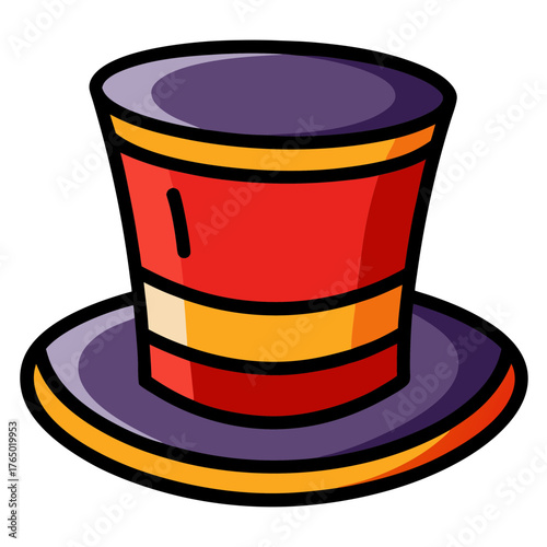 Illustration of a red and purple magician top hat with gold stripes perfect for magic shows
