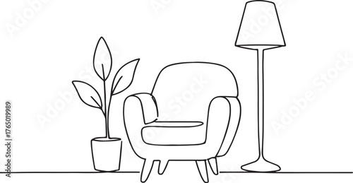 Minimalist Line Drawing of Armchair Floor Lamp and Plant Modern Home Interior Illustration