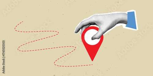 Retro halftone collage of hand placing red map pin, symbolizing navigation, travel route, GPS location, and direction concept.
