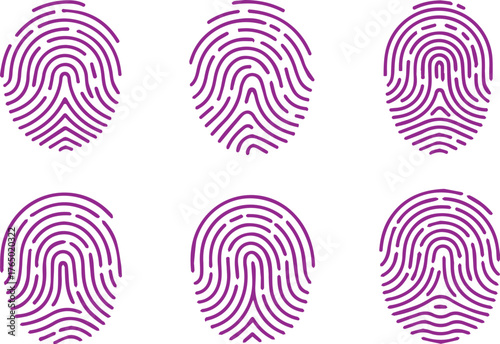 Six purple fingerprint patterns displayed in a grid against a white background