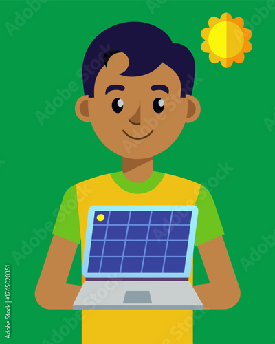 A techsavvy individual showing off their solarpowered laptop proudly boasting about its environmentally friendly features.. Vector illustration