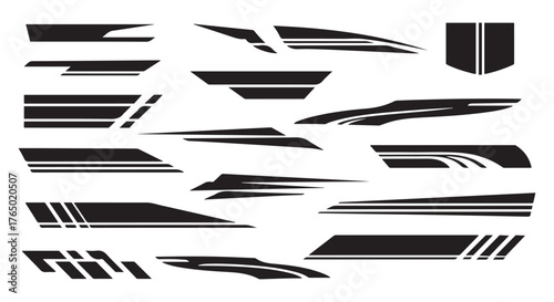 Collection of black and white abstract racing stripes and sport decals for vehicles